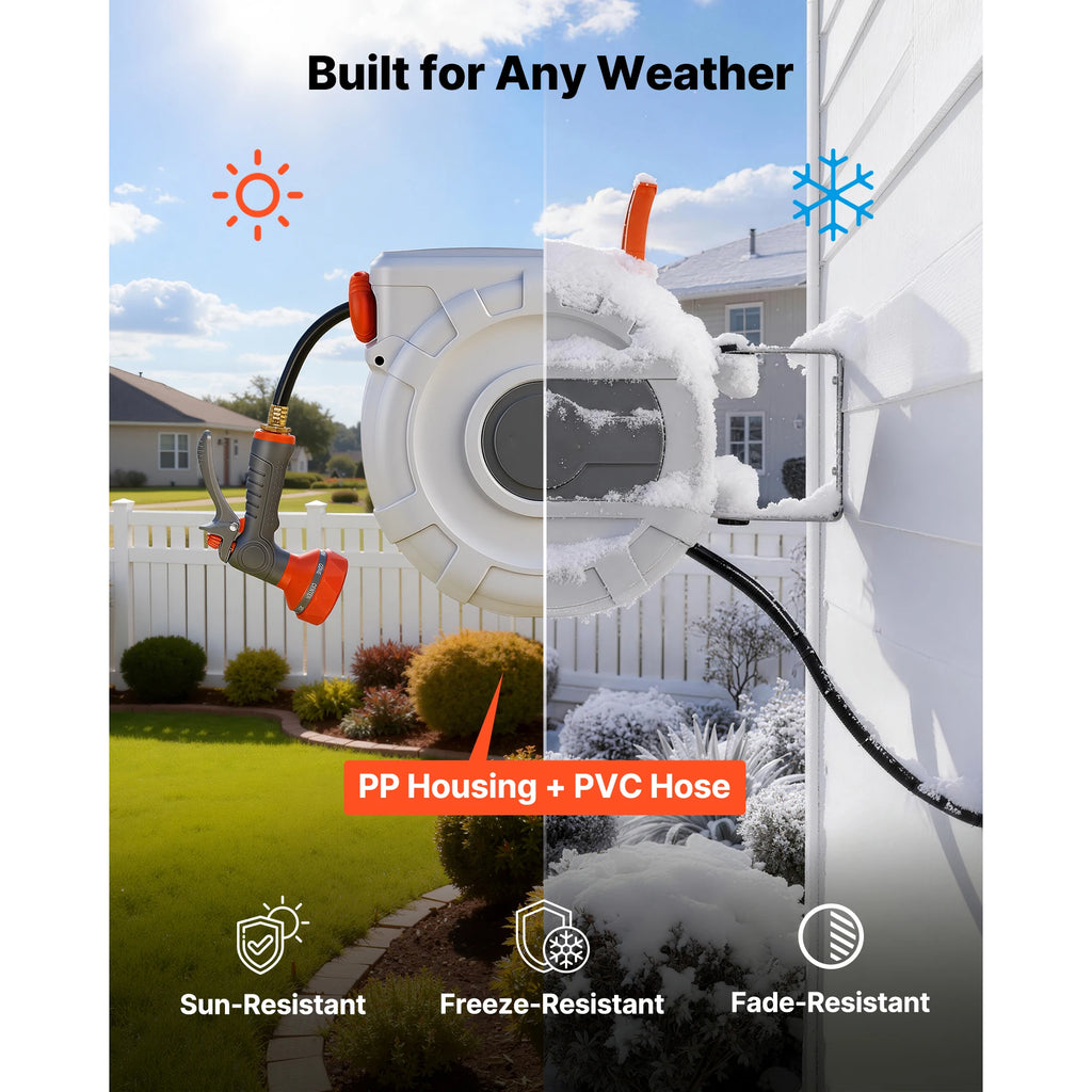 Retractable Wall-Mounted Garden Hose Reel – 9-Function Nozzle Garden Hose Reel Vue