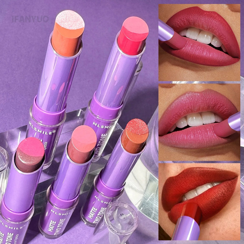 Rose Pink Gradient Lipstick Waterproof 18HR Wear Two Tone Matte Pearly Lip Liner Nude Brown Moisturizing Non-stick Cup Lip Gloss Vue