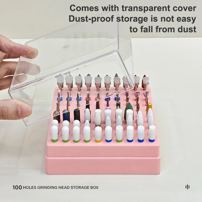 100 Holes Nail Art Drill Storage Box Grinding Polish Head Bit Holder Display Nail Drill Bits Organizer Plastic Nail Stand Vue