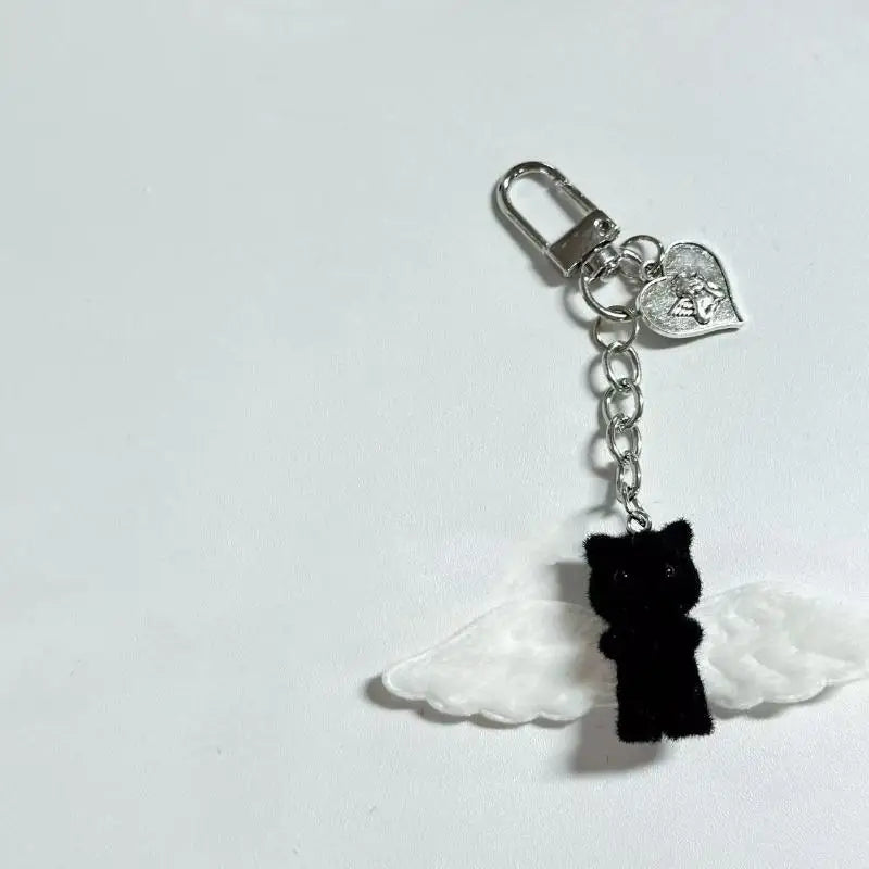 Cute Flocked Angel Wings Cat Keychain Kawaii Heart Phone Chain Anti-Lost Lanyard Bag Decor Gift Vue A7