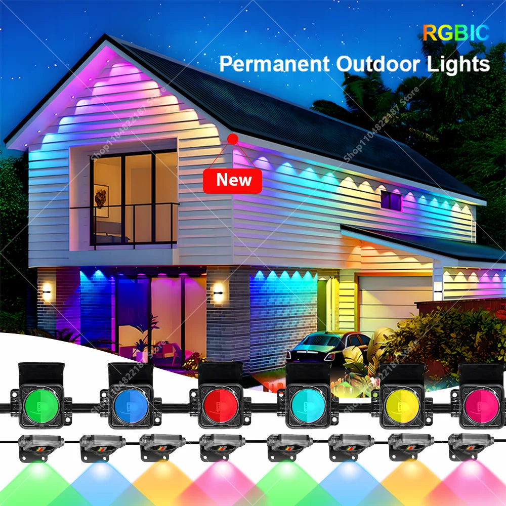 300FT Smart RGB Eave Lights App & Remote IP67 Permanent Outdoor LED String Lights Home New Year Christmas Birthday DIY Lighting Vue Black US Plug 50FT 30LEDs