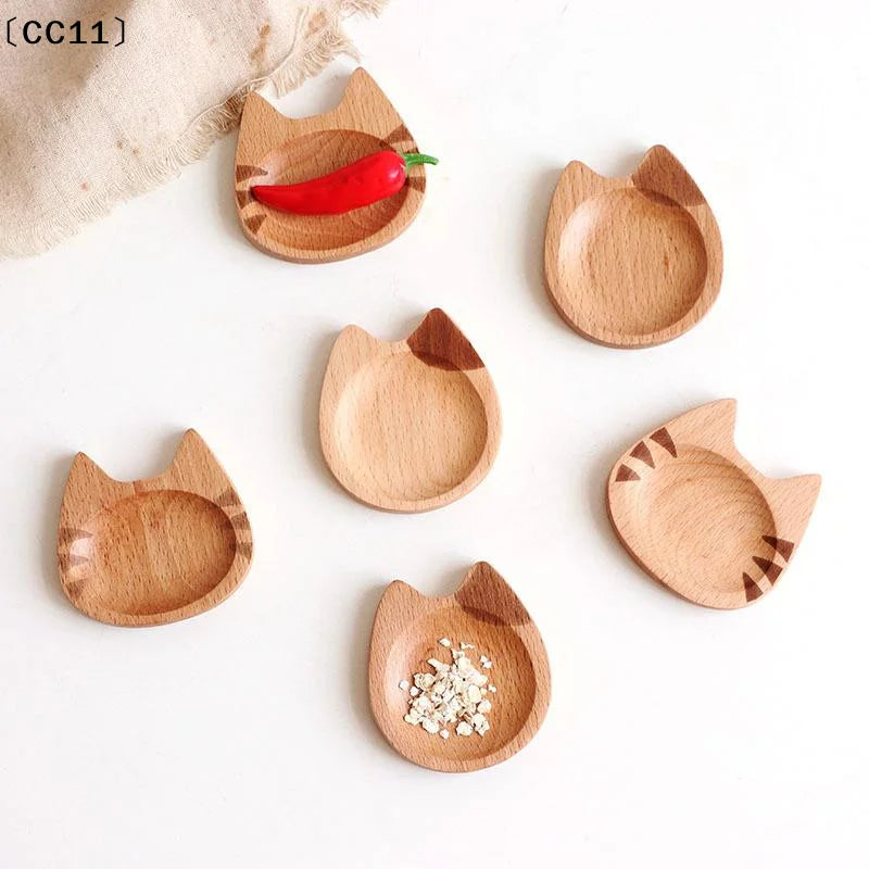 Mini Cat Shape Dish Japanese Cartoon Sauce Creative Wooden Flavoring