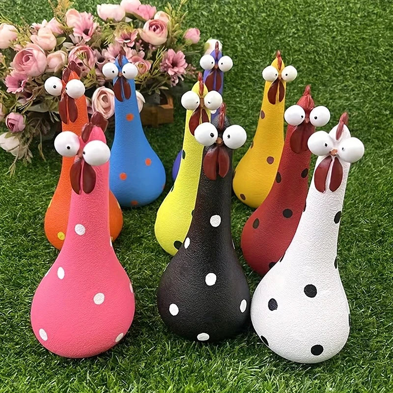 Quirky Big-eyed Chicken Figurine Colorful Polka Dot Resin Statue Long