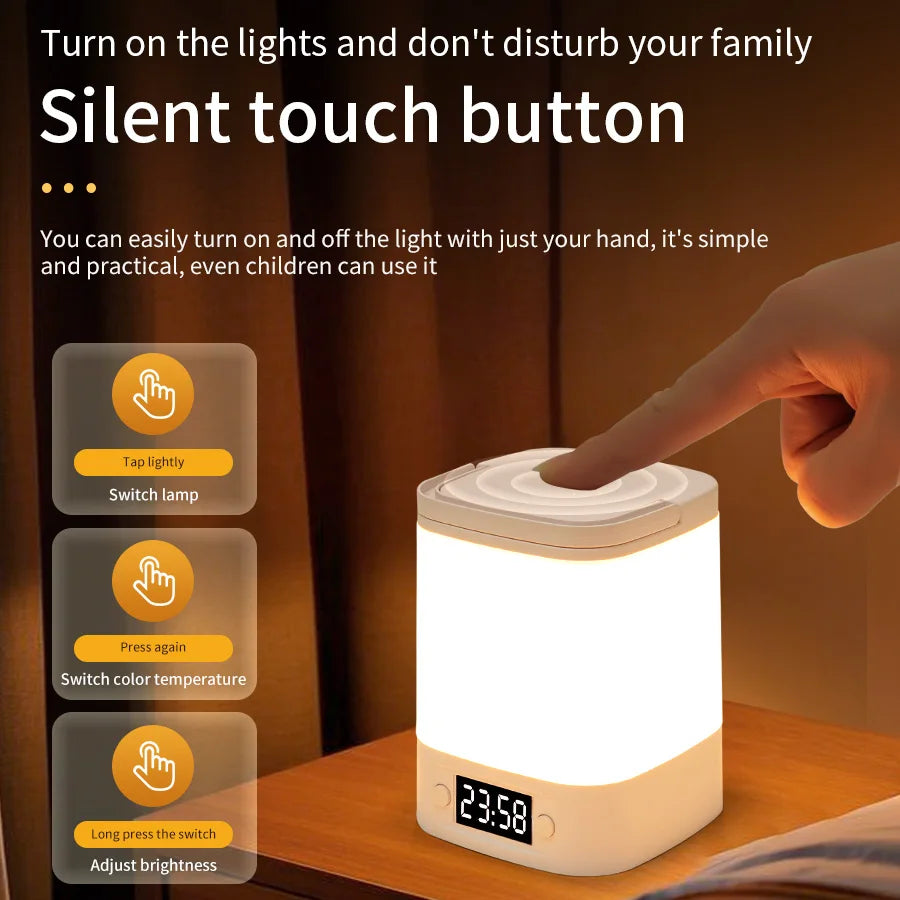 Rechargeable Led Table Lamp with Clock Time Display Night Light Remote Control for Bedroom Bedside Nursery Reading Book Light Vue