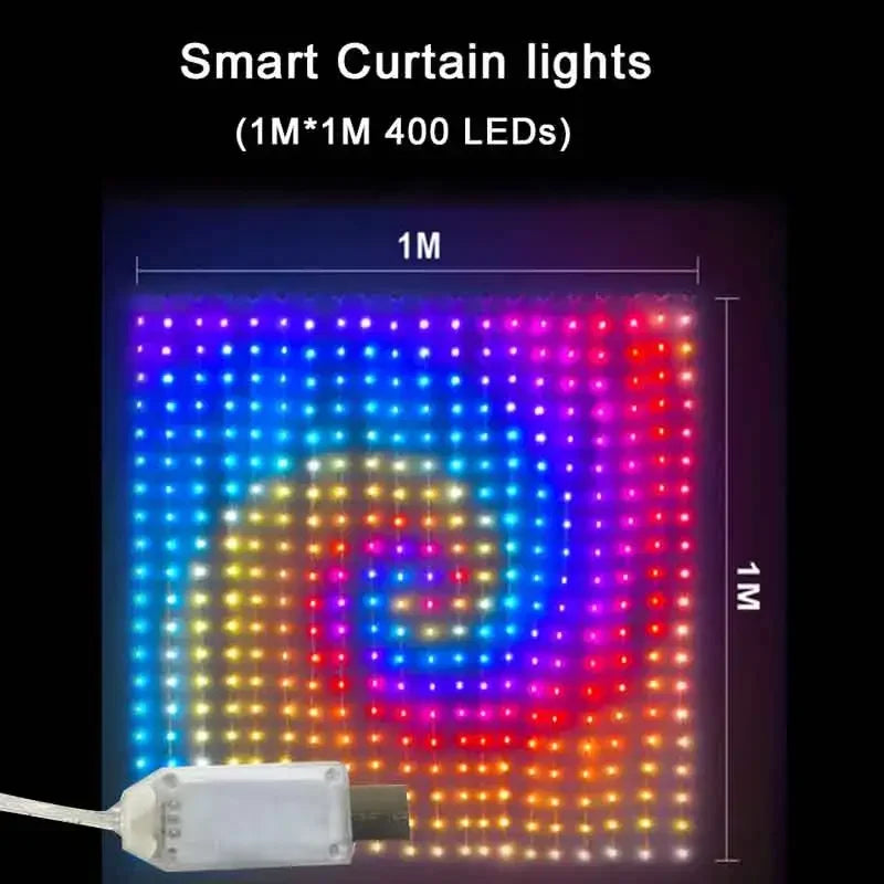 USB Led Smart Curtain Lights Bluetooth App Led String RGB Fairy Lights DIY Music Lights Party Window Curtain Bedroom Decoration Vue USB-1x1m 400LEDs