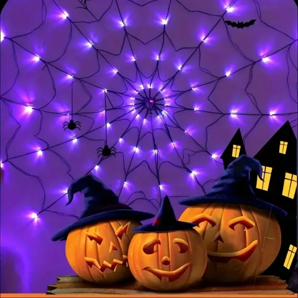 Halloween Spider Web LED String Lights with Plush Spider, USB Powered for Indoor Halloween Party, Haunted House, and Wall Decor Vue