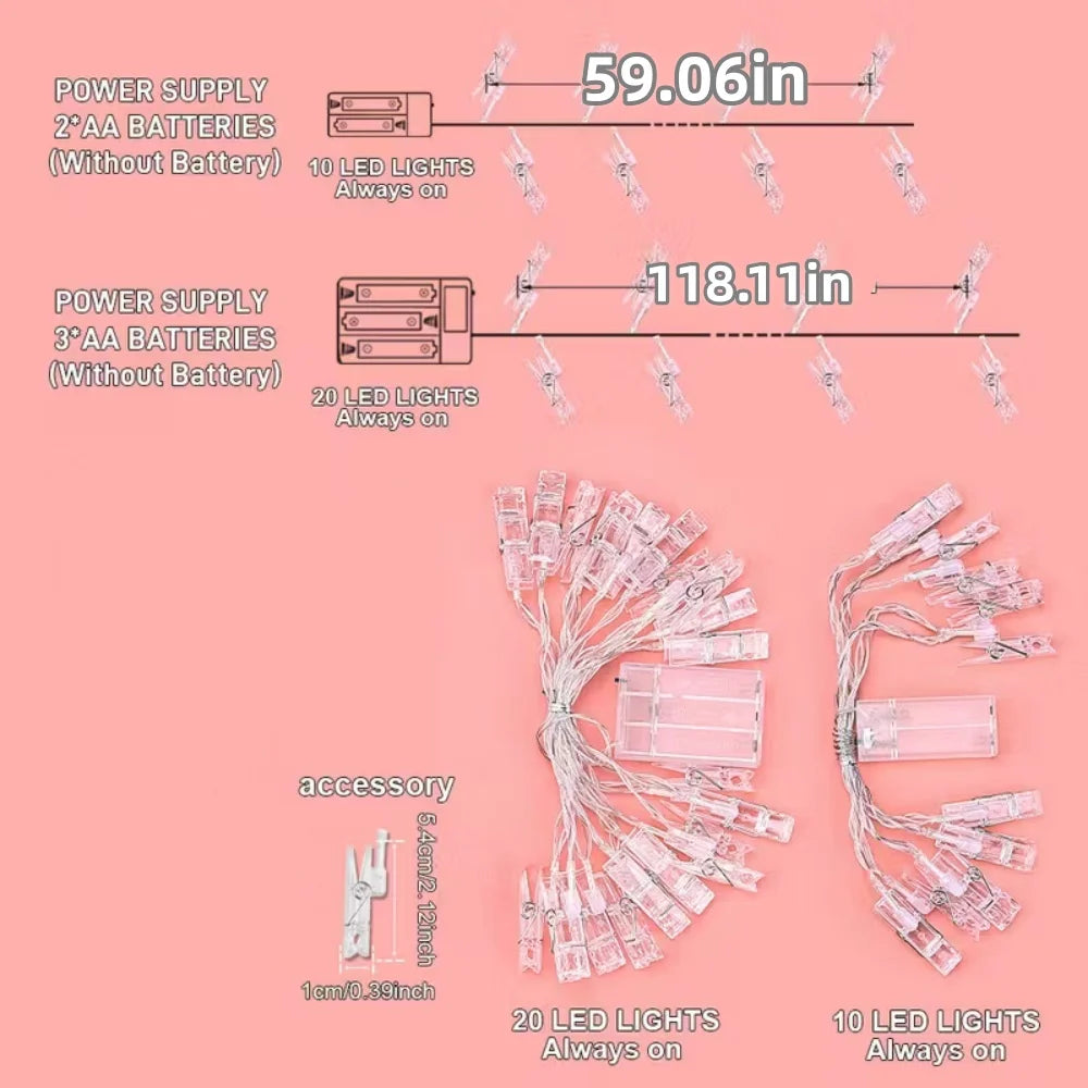 1PC 1.5M/3M Battery Powered Photo Clip Indoor Light String, Used for Commemorative Days, Festivals, Picture Display, Party Vue
