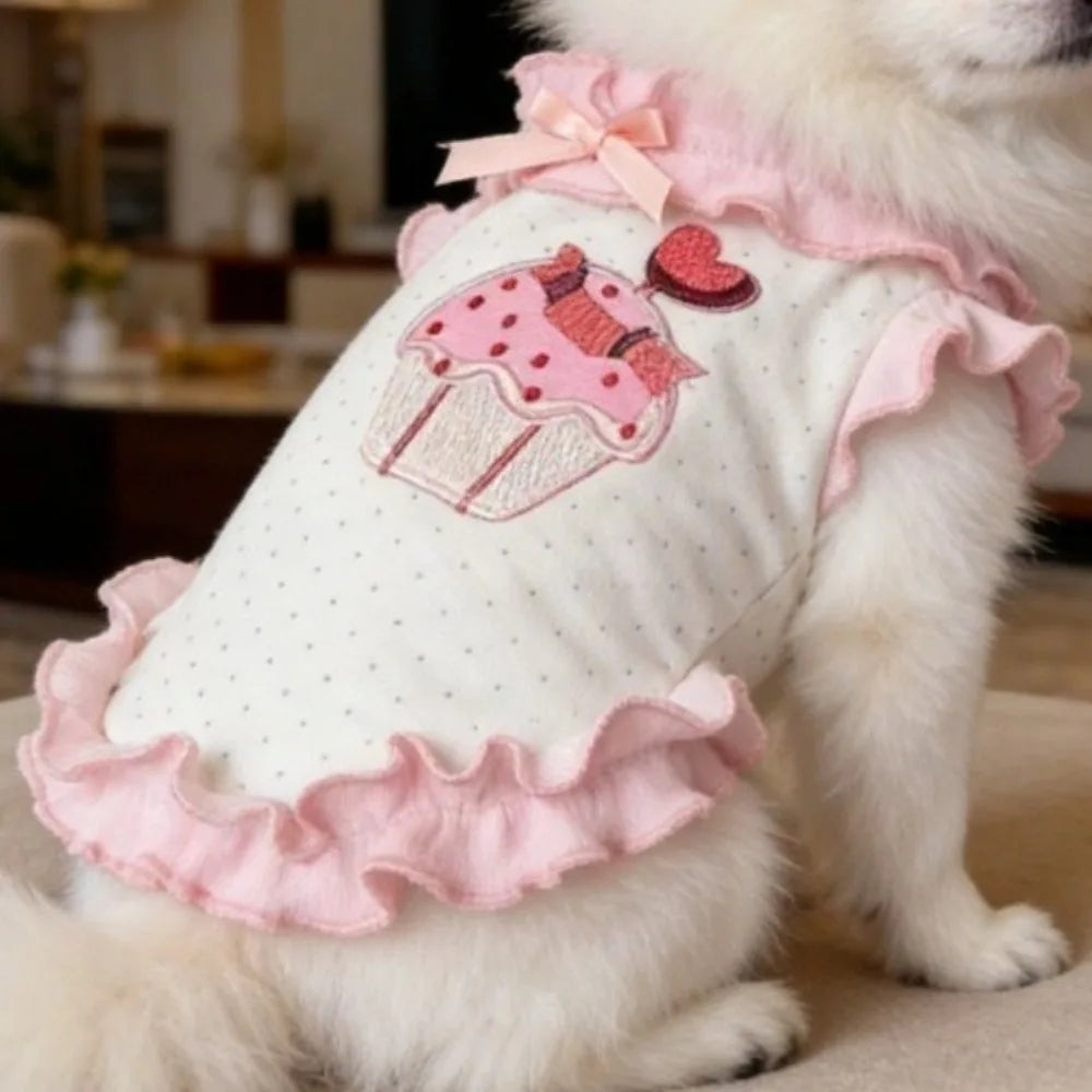 Elegant Cake Embroidery Pet Dress Shirt Ruffles Design Cute Dog Sundress Breathable Comfortable Dog Vest Outdoor Vue Pink-XL