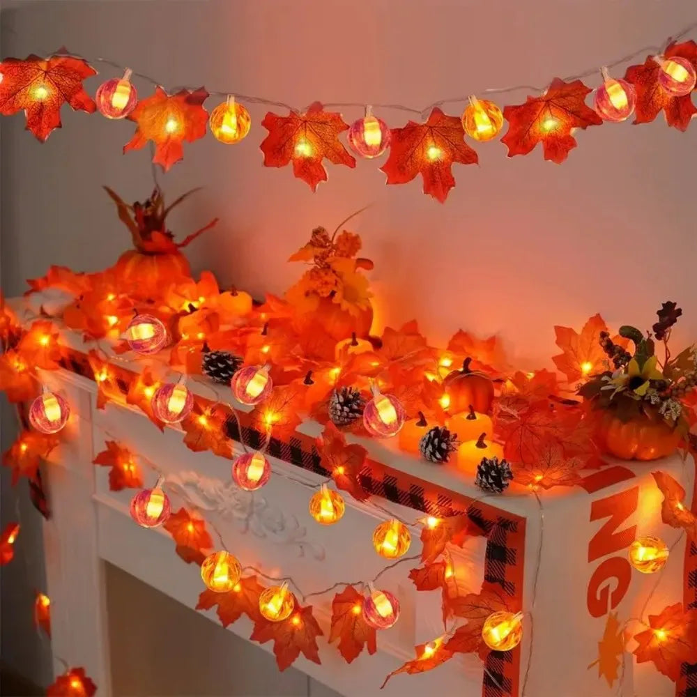 Fall Maple Leaf & Pumpkin LED String Lights, for Thanksgiving,Halloween, Party, Harvest, Cozy Home Decorations Vue