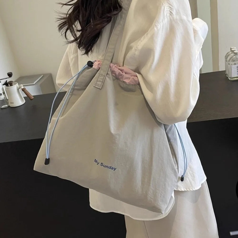 Large Capacity Tote Bag Canvas Lightweight Shoulder Drawstring Women