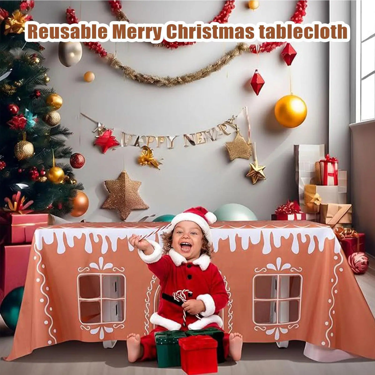 Gingerbread House Christmas Tablecloth & Runner Set, Reusable Farmhouse Holiday Table Decor for Kitchen Dining, Party & Festival Vue
