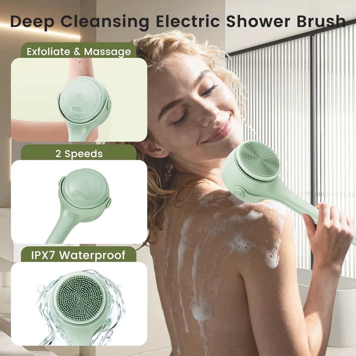 Electric Body Brush 4 Heads Waterproof Long Handle Shower Back Scrubber USB Rechargeable Exfoliating Bath Cleaning Brush Vue