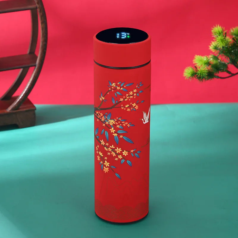 Portable Thermos Bottle Coffee Tea Mug Chinese Style Smart Temperature Display Vacuum Flask Water Bottle With Filter Thermos Cup Vue red 401-500ml