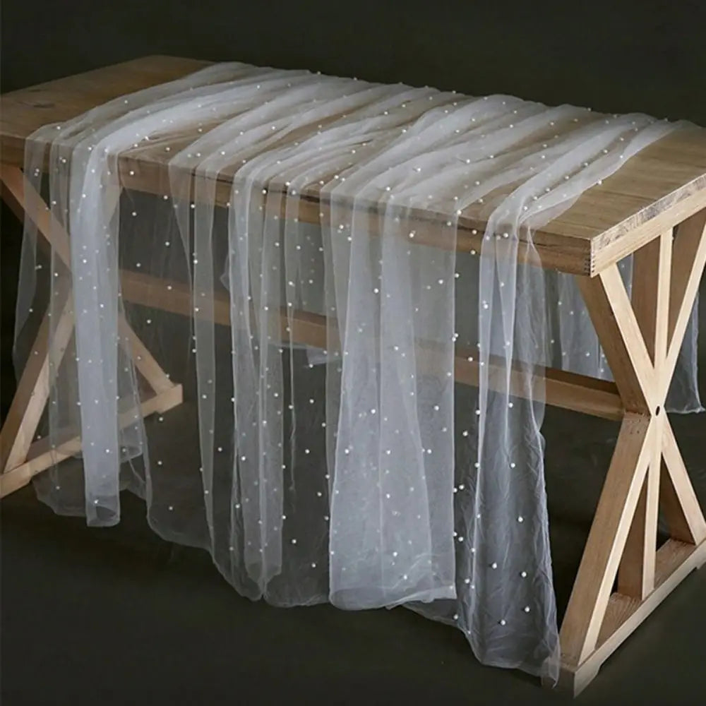Mesh Fabric Pearl Table Runner Sheer White Tulle Wedding Table Runner Romantic Dreamy Luxury Bridal Veil Dessert Table Vue