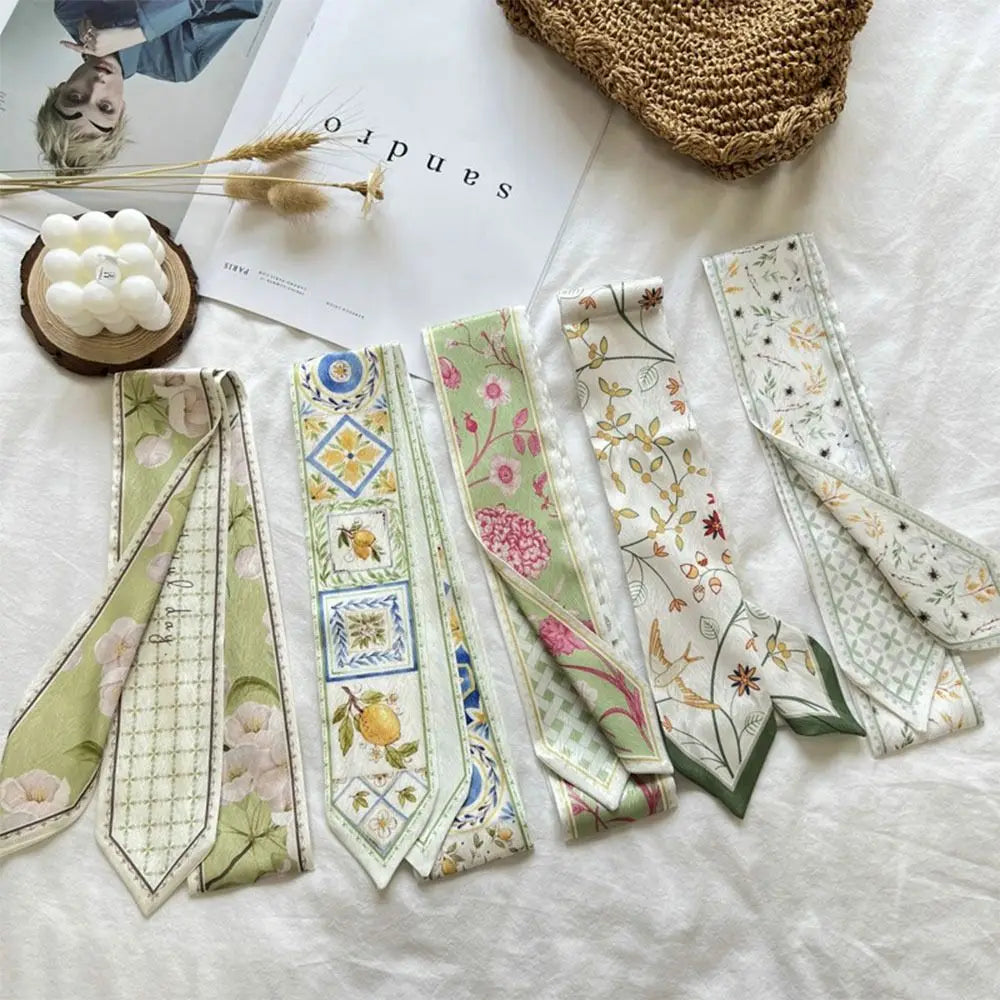Versatile Fresh Floral Satin Silk Ribbon Scarf Women Summer Long Thin