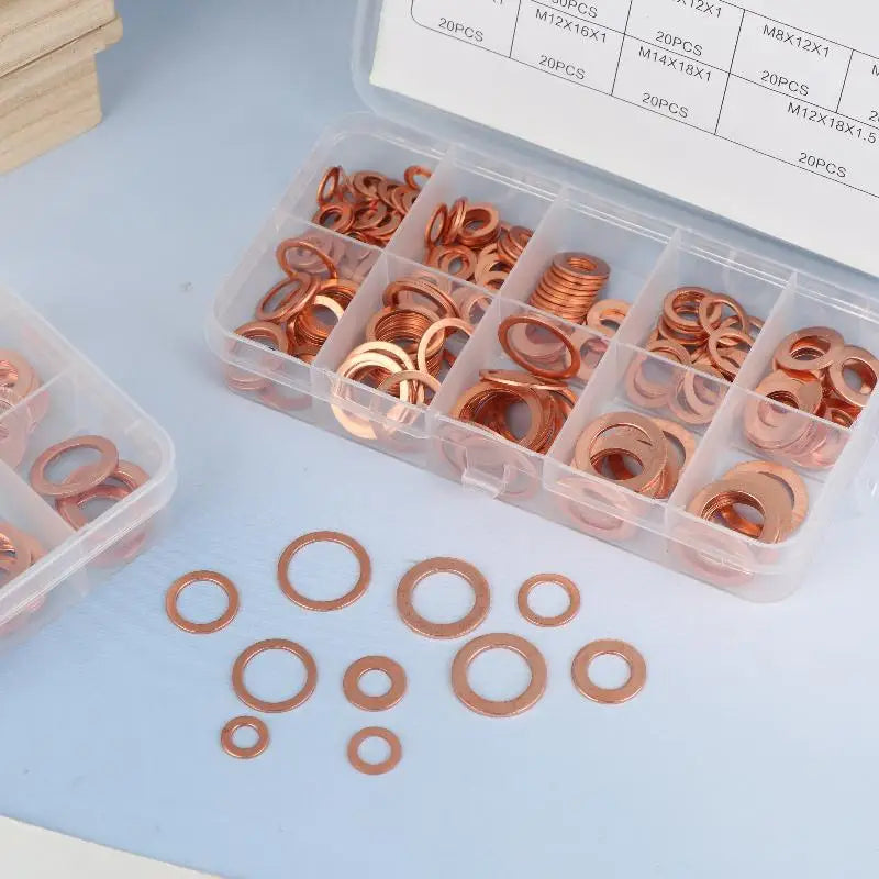 100/200Pcs Of Copper Washers Nuts And Bolts With Box M4/M5/M6/M8/M10/M12/M14 Seal Combination Kit For Oil Pan Plugs Vue