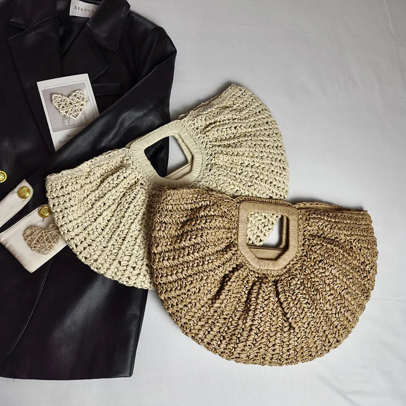 Summer Woven Straw Bag Moon Large Capacity Purse Handbag Women Beach
