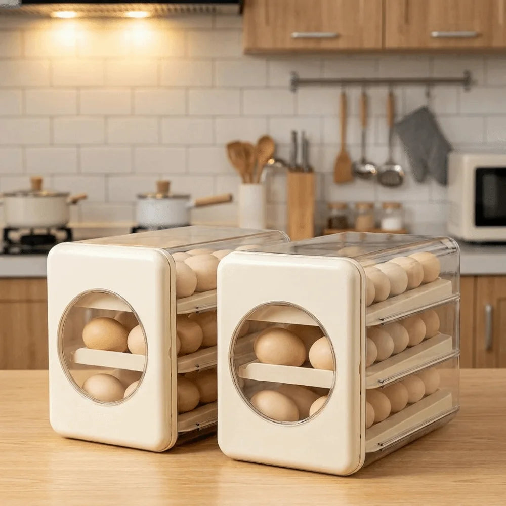 Visible 3 Tier Egg Storage Box Transparent Drawer Type Rolling Egg Dispenser PET Space Saving Refrigerator Egg Organizer Kitchen Vue