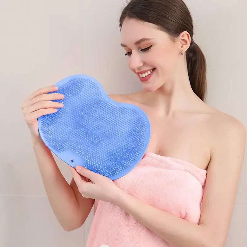 Non Slip Exfoliating Shower Foot Scrubber Mat Wall Mounted Bath Wash Pad Back Washer for Home Bathroom Spa Routine Vue blue
