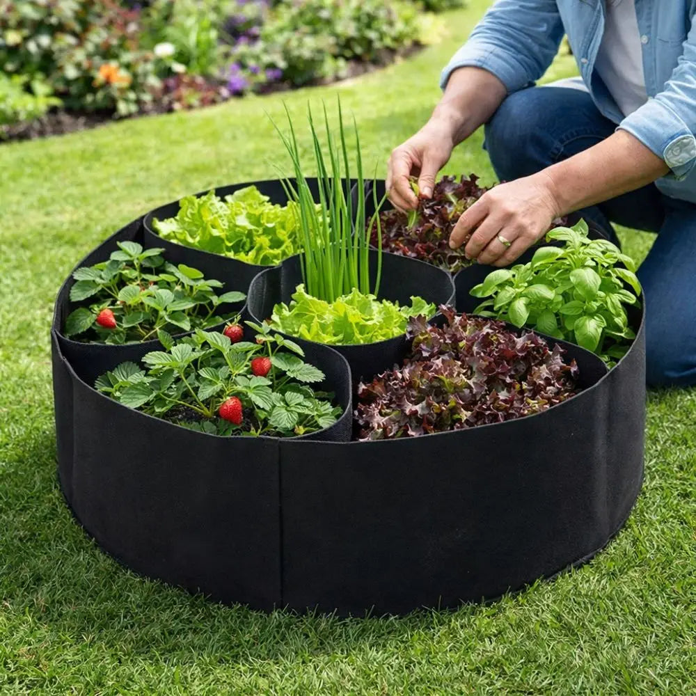7 Grids Garden Grow Bags Circular Freestanding Divided Planter Heavy Duty Felt Root Aeration Plant Nursery Vue