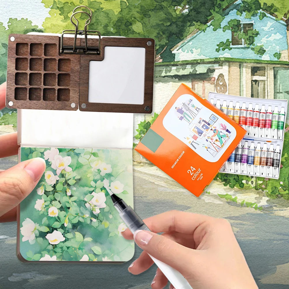 Travel Paint Palette Mini Watercolor Palette Set with Clip Portable Watercolor Set Wooden Grid Paint Box Gift for Kids Vue