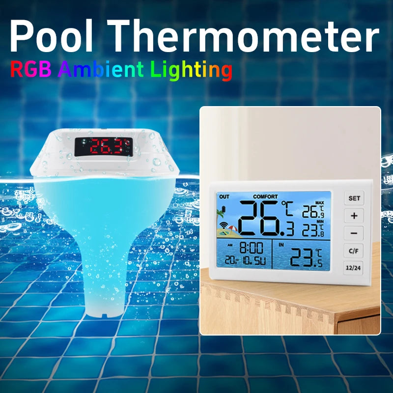 Solar Powered Outdoor Pool Thermometer LED Display Water Temperature Meter Waterproof Pool Tub GRB LED Light Temperature Gauge Vue