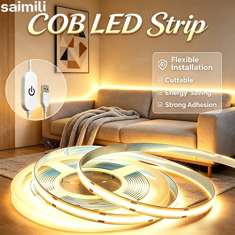 5V COB LED Light Strip USB Bendable Flexible LED strip with Touch Sensor Dimmer for Room TV Backlight Cabinet Adhesive Light Vue