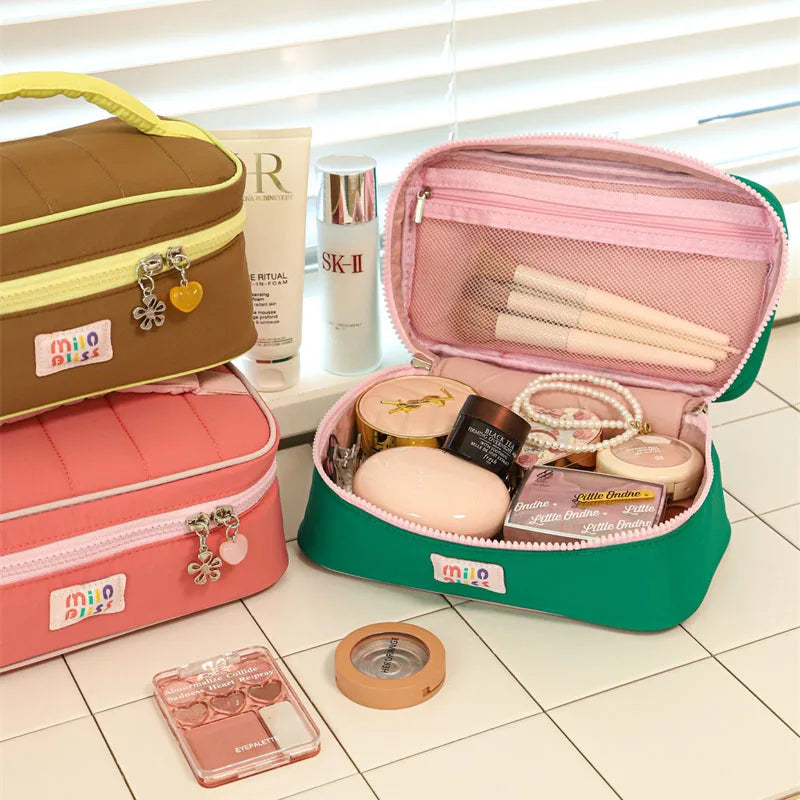 Large Capacity Dopamine Makeup Brushes Storage Bag Portable Nylon Cosmetic Organizer with Handle for Makeup Brushes & Toiletries Vue