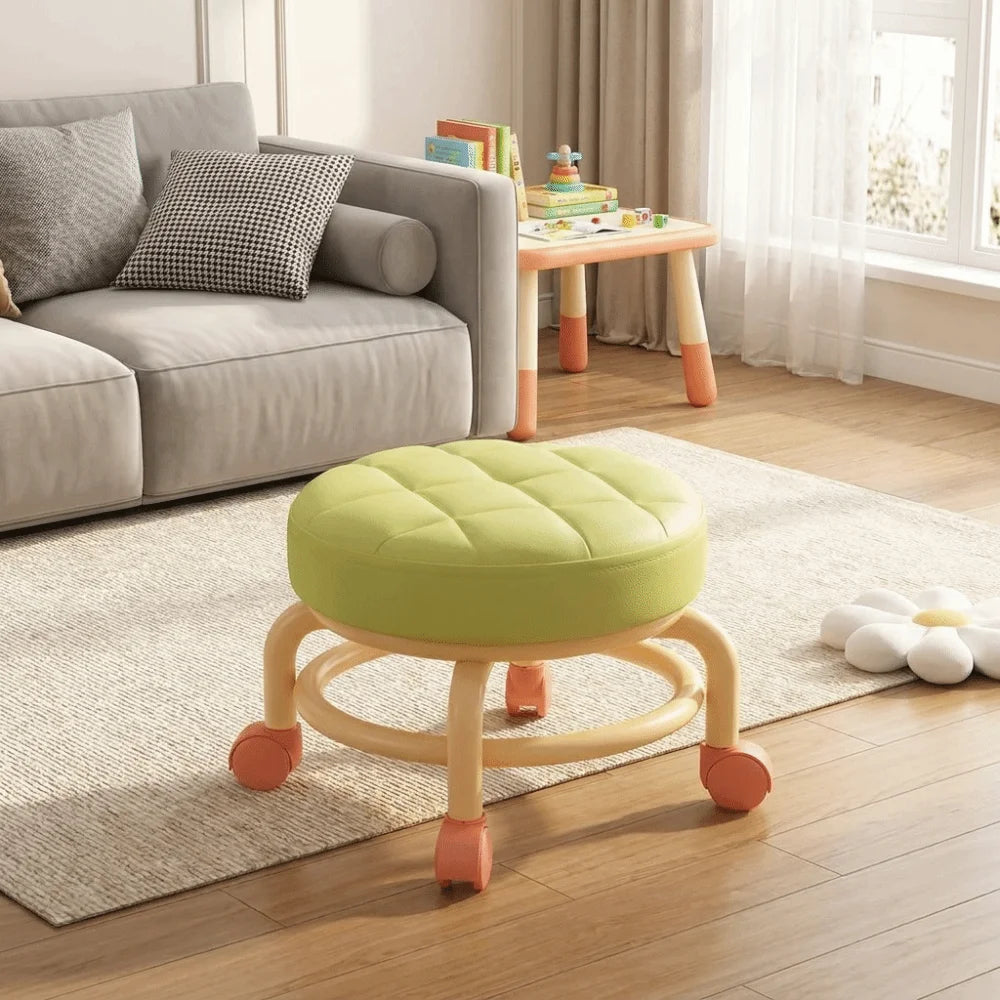 Round Shape Sliding Wheel Stool Universal Wheel Contrasting Color Small Stool Solid Frame Padded Seat Shoe Changing Stool Vue