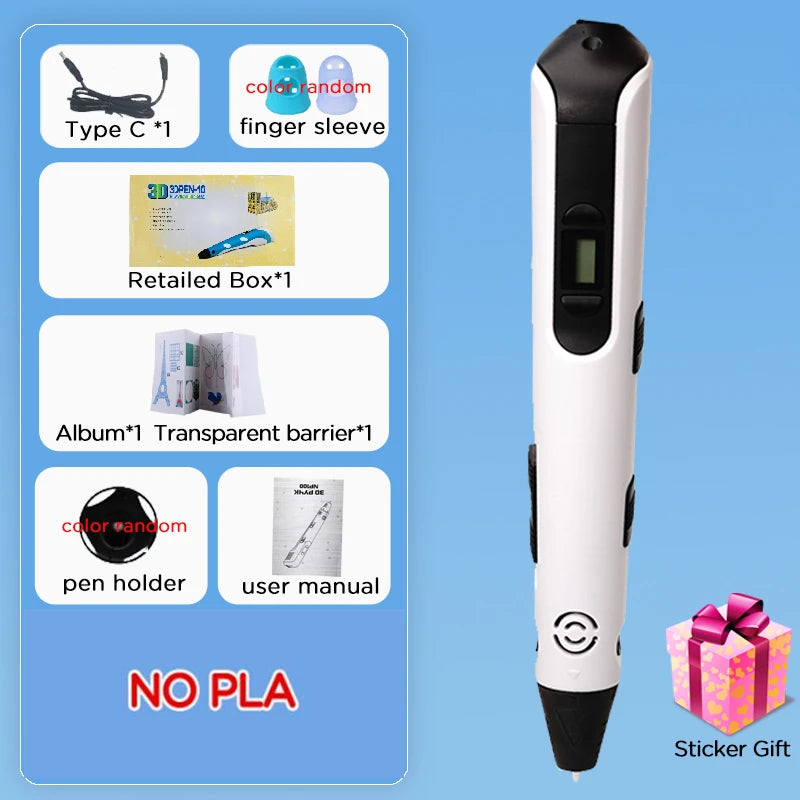 New 3D Printing Pen LCD Display Screen 1.75mm ABS / PLA Filament Kids DIY Drawing Pen Boy and Girls Christmas Birthday Gifts Vue White No PLA