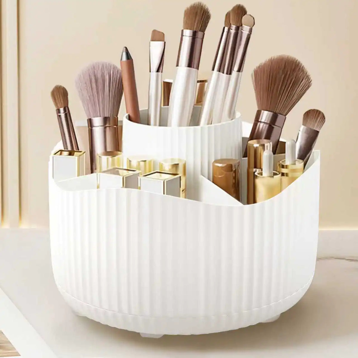 360° Rotating Large Capacity Makeup Holder Desktop Cosmetic Storage Box Organizer Portable Lipstick & Makeup Brush Stand Vue JY-WH