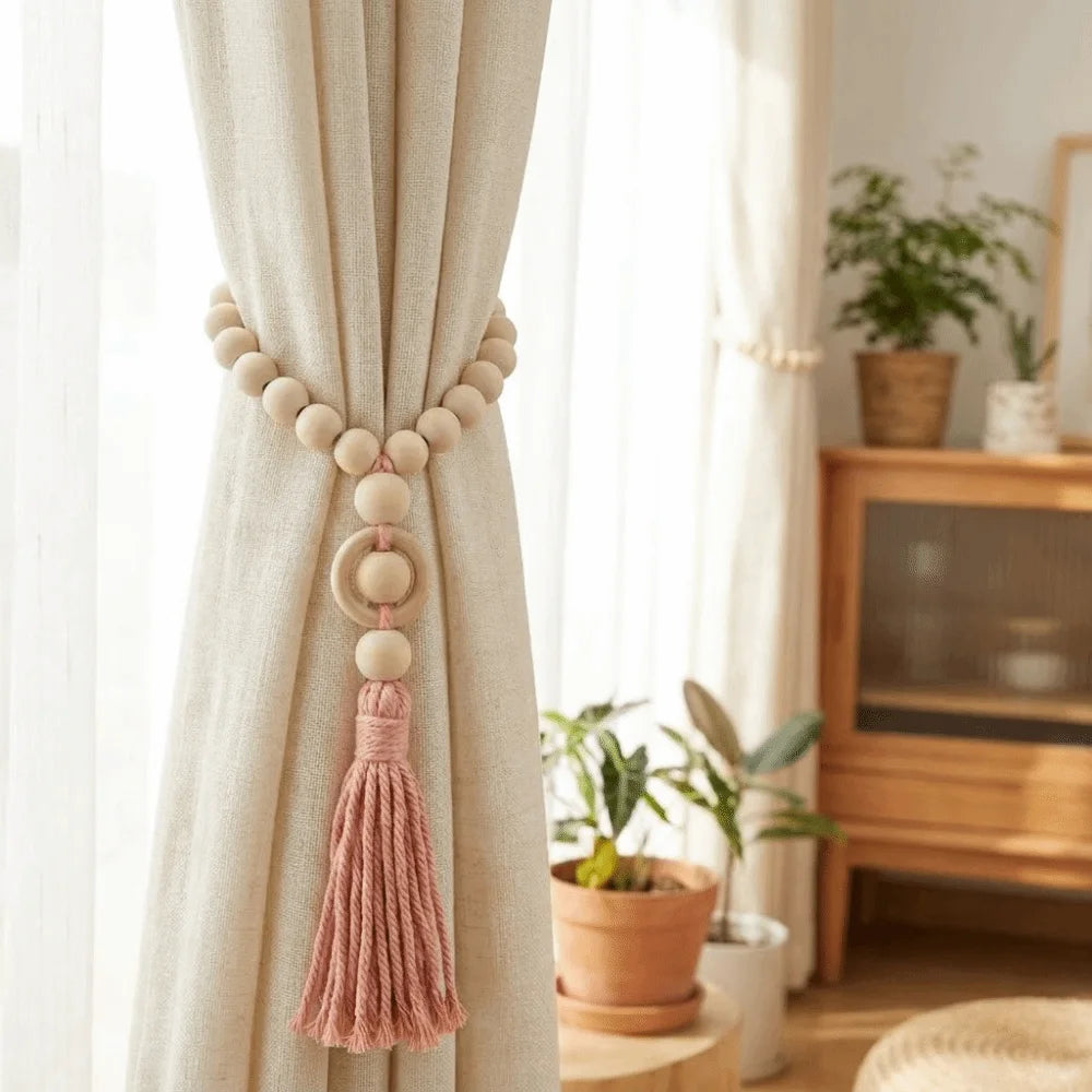 Simple Rustic Wooden Beads Curtain Holdbacks Bohemian Style with Tassels Curtain Buckle Decorative Curtain Tape Farmhouse Style Vue