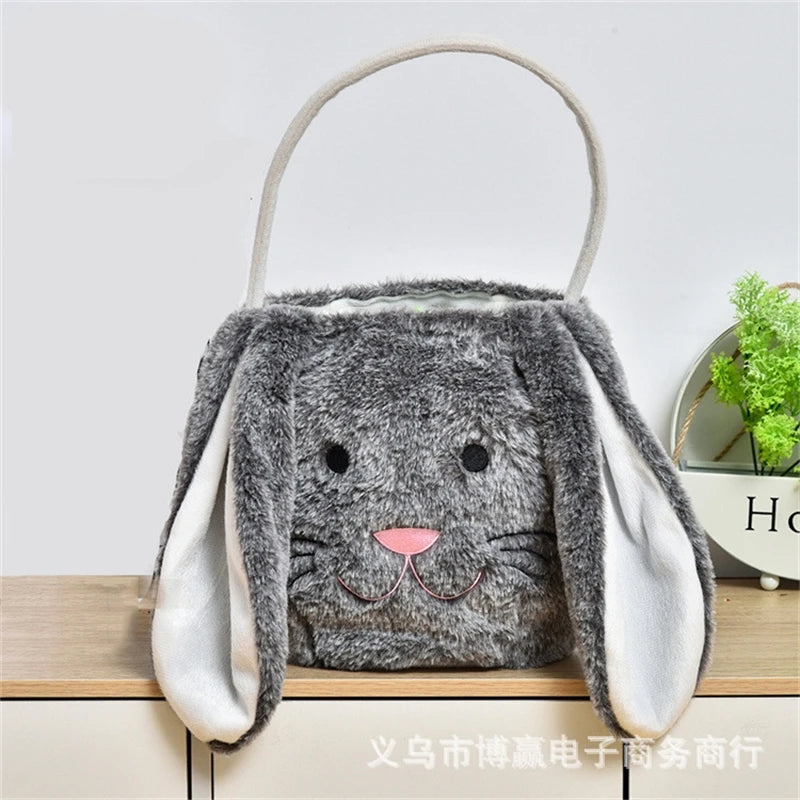 Kawaii Long Plush Easter Bunny Storage Bin Adorable Rabbit Ear Handbag for Toys Candy Holiday Decor Party Supplies Kids Gift Vue