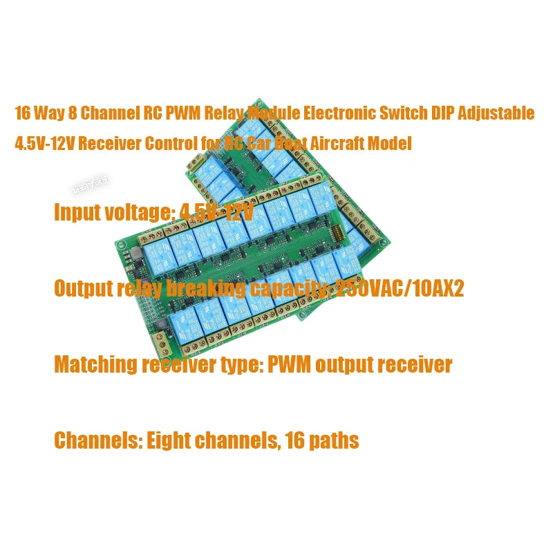 16 Way 8 Channel RC PWM Relay Module Electronic Switch DIP Adjustable 4.5V-12V Receiver Control for RC Car Boat Aircraft Model Vue Default Title