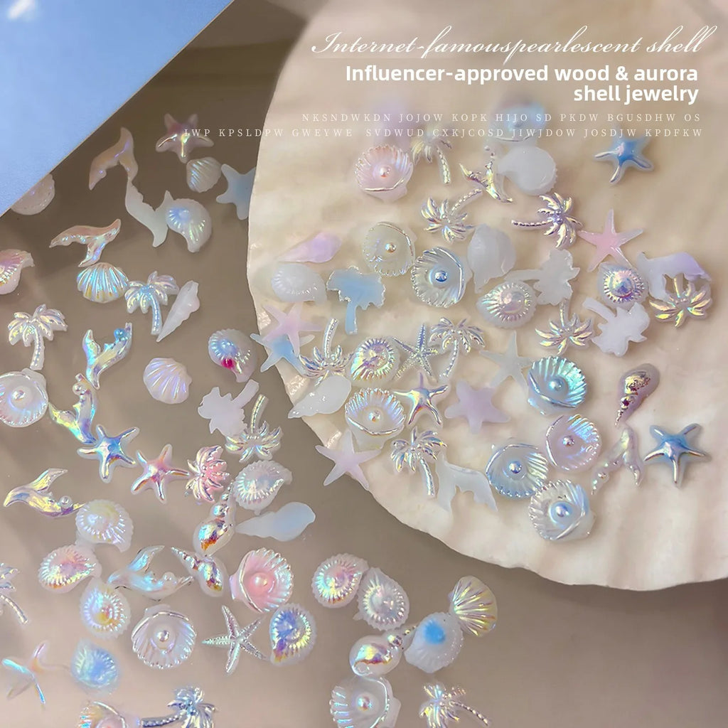 Mixed Aurora Shell Nail Charms Ocean Series Starfish Conch Coconut Tree Resin Nail Art Decorations DIY Manicure Accessories Vue
