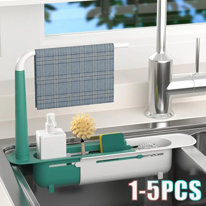 1-5PCS Over Sink Expandable Drying Rack Adjustable Drain Basket Filter Tray Sponge Rag Holder Kitchen Countertop Accessories Vue