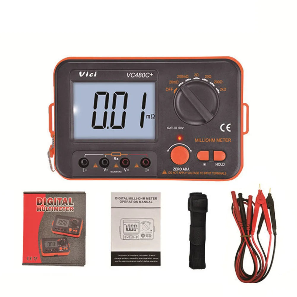 Digital Milli-ohm Meter VC480C+ LCD Backlit 4 Wire Low Resistance Multimeter 6 Range Accuracy Meter 0.01mΩ-2kΩ with Test Clip Vue