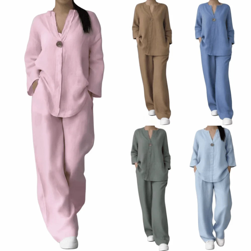 Fashion V Neck Women Two Short Sleeve Button Front Pants Pocket