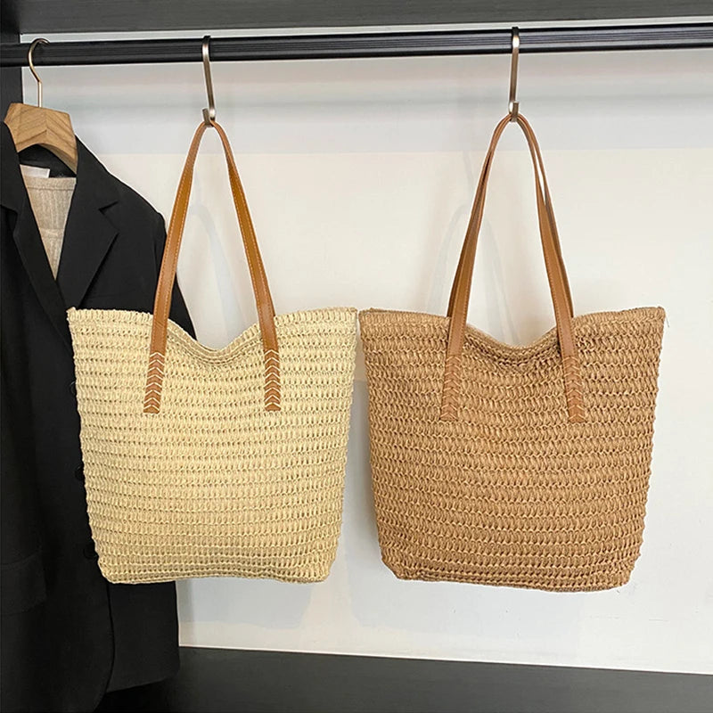 Women Top-handle Bags Straw Summer Beach Bucket Bag Woven Tote Purse