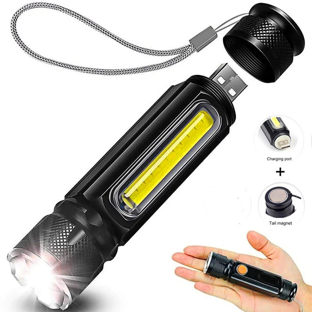 USB T6 Strong Light LED Rechargeable Flashlight Magnetic Torch Lanter Zoomable Flashlight COB Zoom Highlight Outdoor Lighting Vue