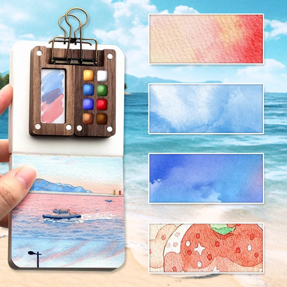 Travel Paint Palette Mini Watercolor Palette Set with Clip Portable Watercolor Set Wooden Grid Paint Box Gift for Kids Vue
