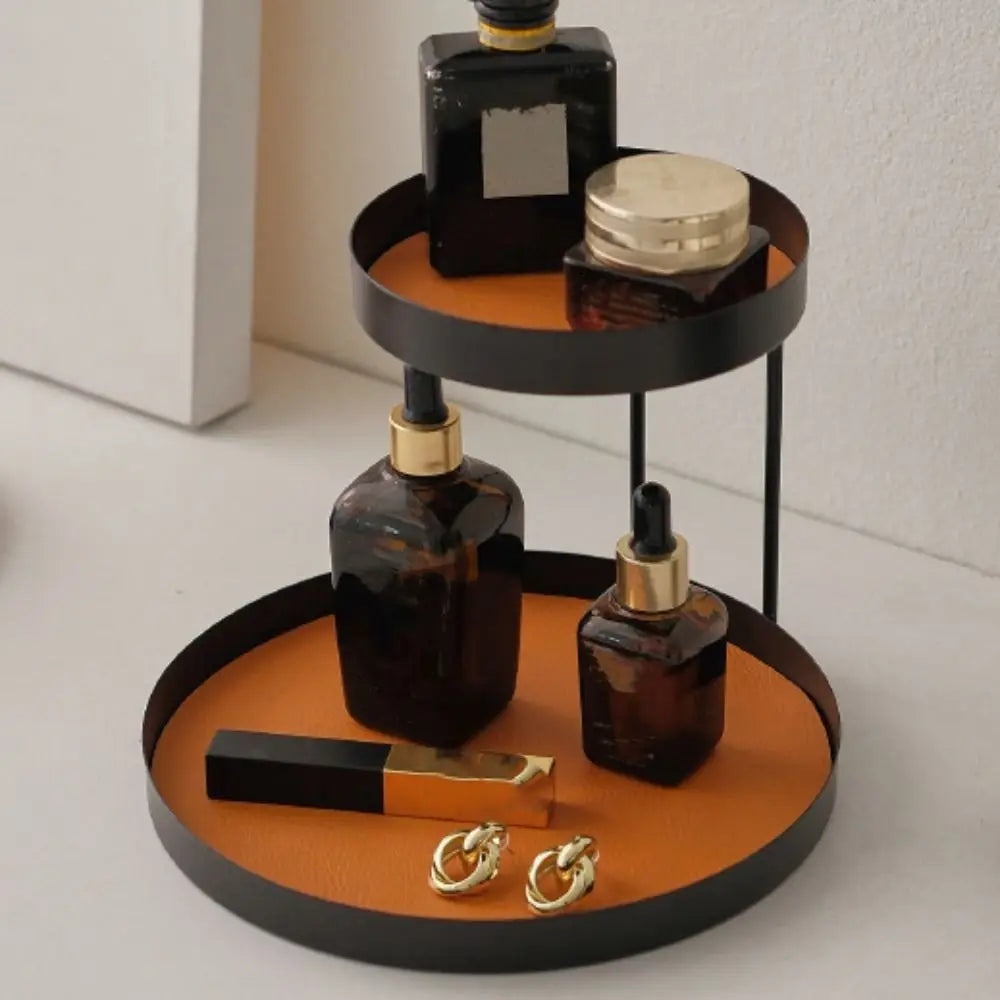 Multi-Function Iron Cosmetics Storage Rack Creative with Leather Cushion Bathroom Shelf Simple Double-layer Desktop Tray Candy Vue