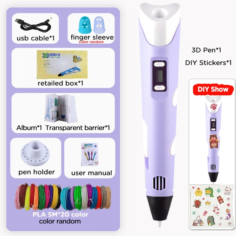 40 Colors 3D Printing Pen Kids 1.75mm PLA Filaments Children 3D Doodle Pen DIY Drawing Pens Boys Girls Birthday Gifts Vue purple pen add 100M PLA Filagment