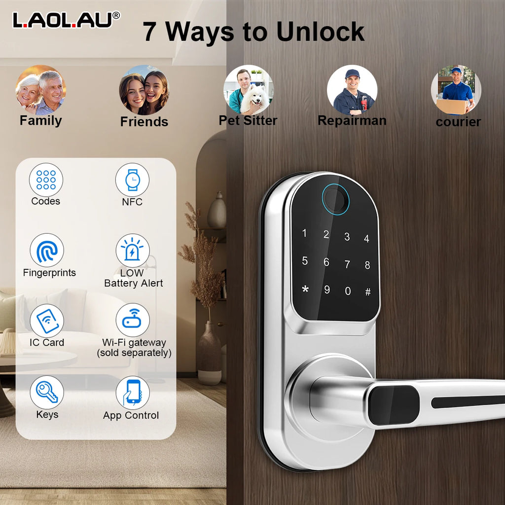 Wifi Smart Door Lock APP/ Biometric Fingerprint / NFC/ Password /Keypads /Key Unlock/ USB Emergency Charger Electronic Lock Vue