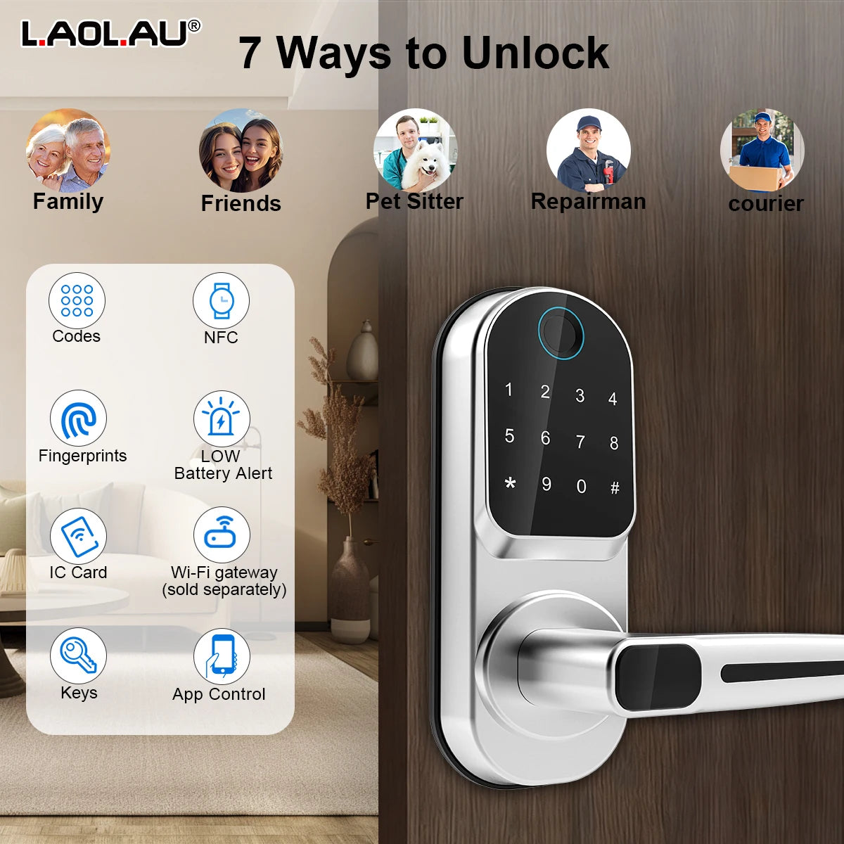 Wifi Smart Door Lock APP/ Biometric Fingerprint / NFC/ Password /Keypads /Key Unlock/ USB Emergency Charger Electronic Lock Vue