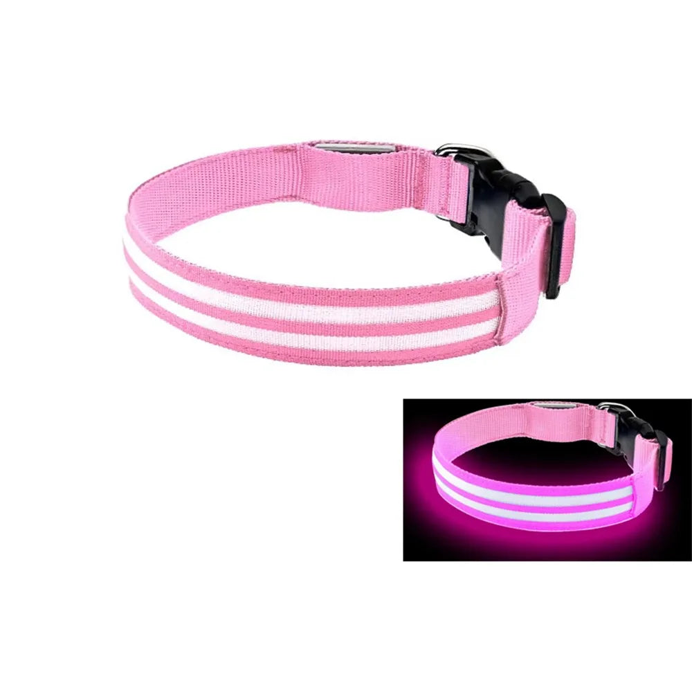 Adjustable Light Up Dog Collar Nylon Material Flashing Light LED Glowing Dog Neck Ring Waterproof Anti-Lost Vue M-Pink Single Color