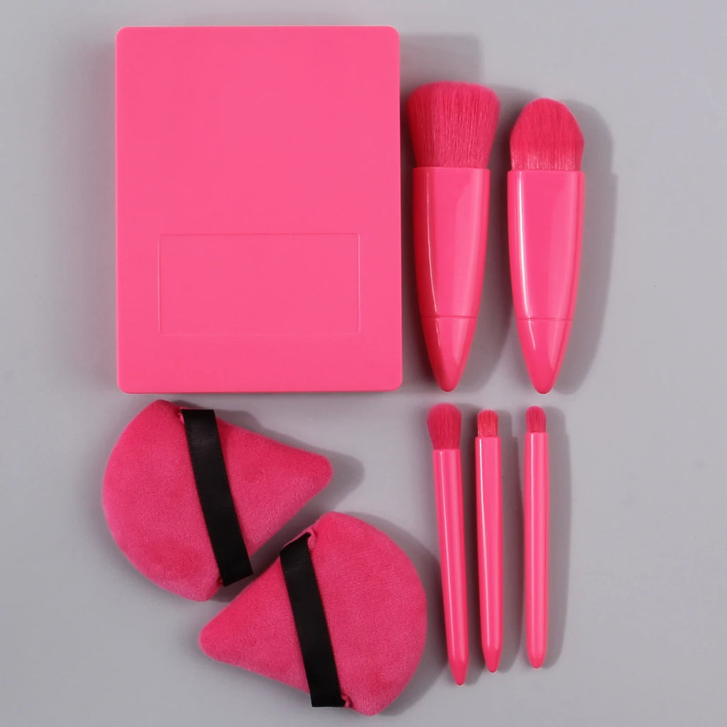 5PCS mini multi-purpose makeup brush set +2PCS triangular powder puff +1PCS portable travel beauty tool with mirror storage box Vue