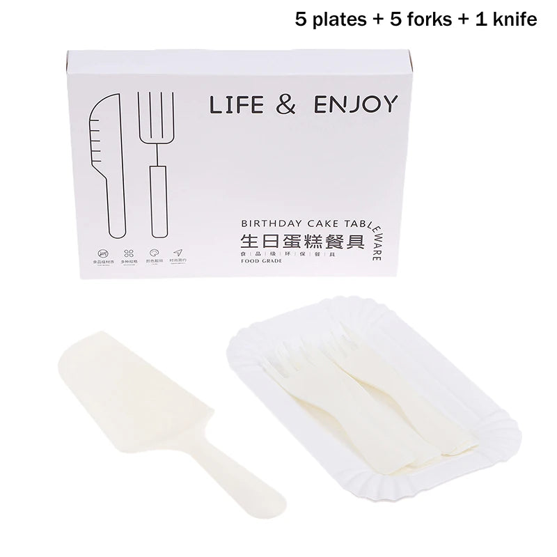 5/10/20/30 set White Birthday Cake Knife Fork Set Plastic Disposable Dinner Plate Set Baking Cake Tableware〔CC11〕 Vue 5 sets