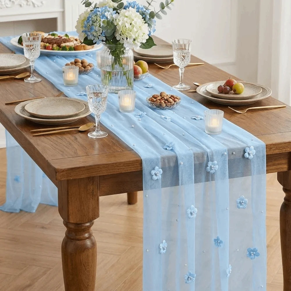 3D Flower Pearl Table Runner Semi-Transparent Multi-color Wedding Table Runner Vintage Romantic Tulle Table Runner Dining Table Vue