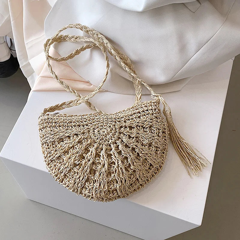 Fashion Semicircle Straw Woven Shoulder Crossbody Bag Travel Small